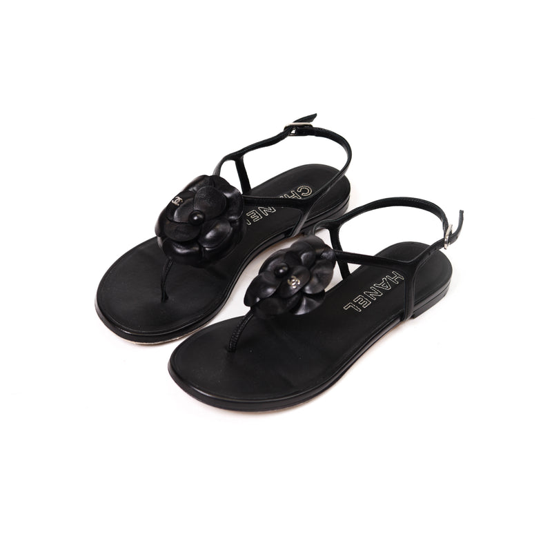 Chanel Black Leather Flat Sandals Size 37