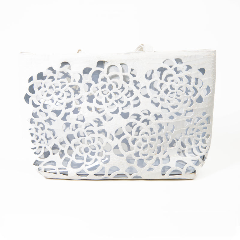 Nancy Gonzalez White Crocodile Floral Laser Cut Tote