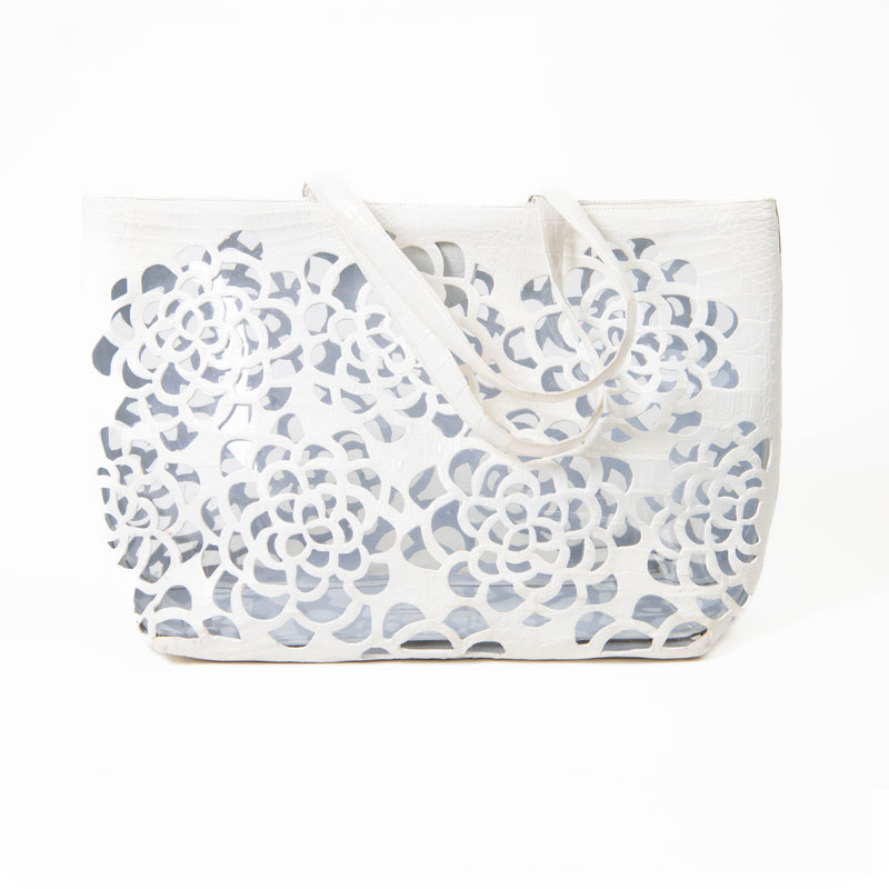 Nancy Gonzalez White Crocodile Floral Laser Cut Tote