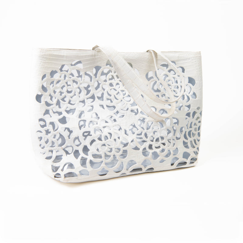 Nancy Gonzalez White Crocodile Floral Laser Cut Tote