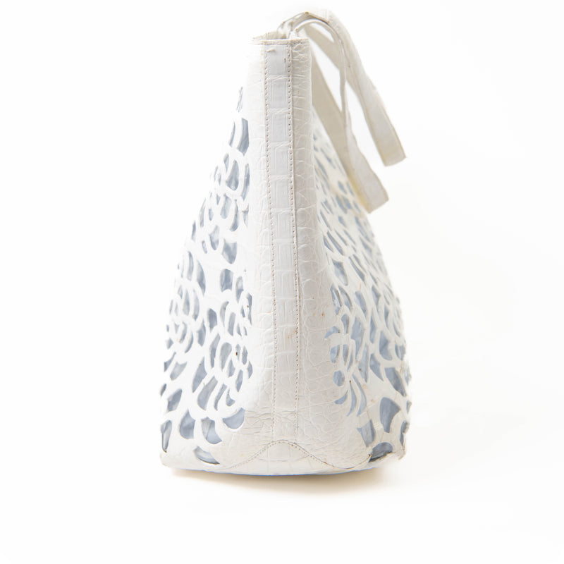 Nancy Gonzalez White Crocodile Floral Laser Cut Tote