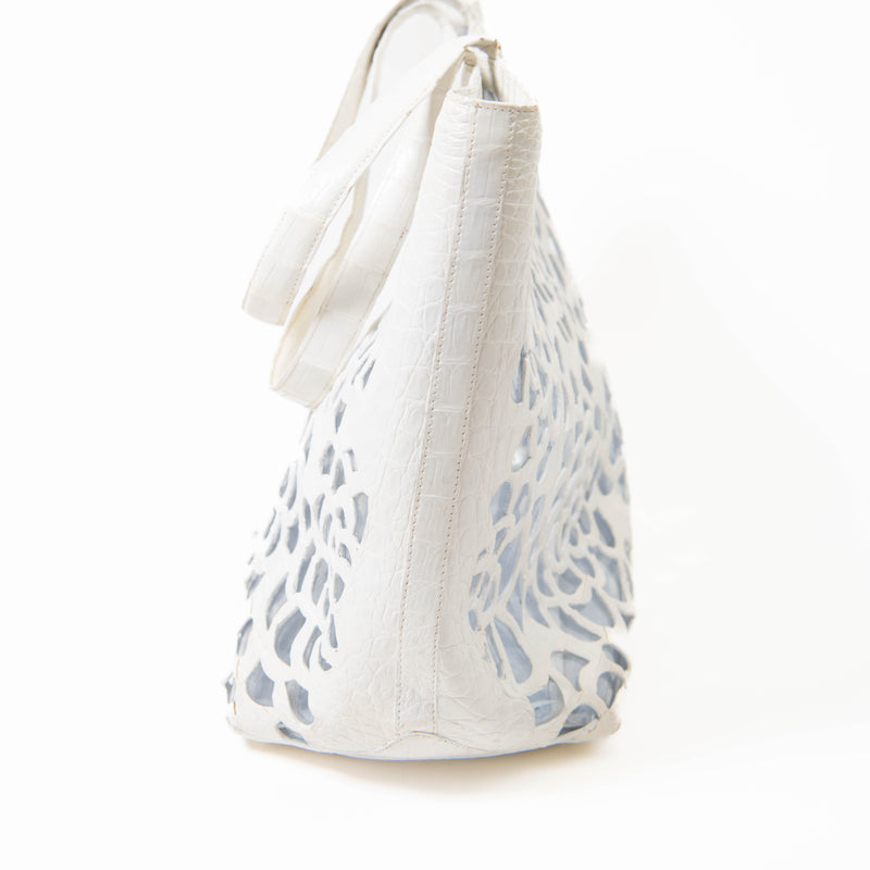 Nancy Gonzalez White Crocodile Floral Laser Cut Tote