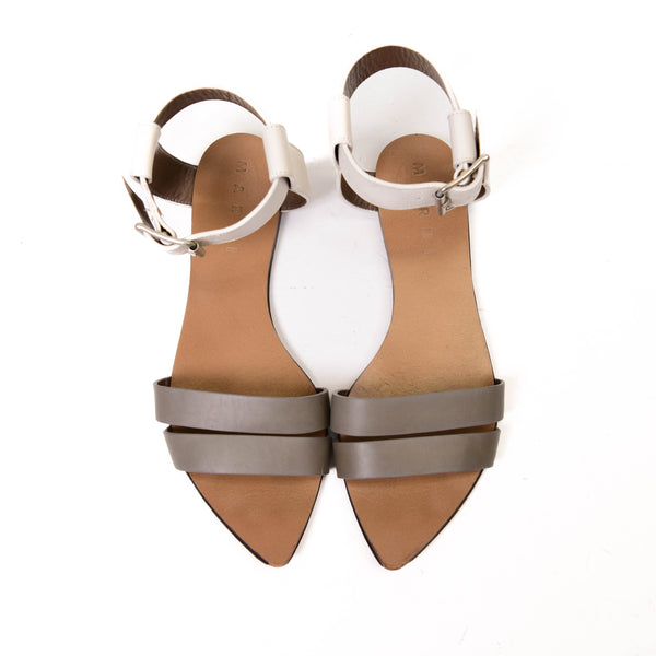 Marni Gray and White Leather Flat Sandals Size 36