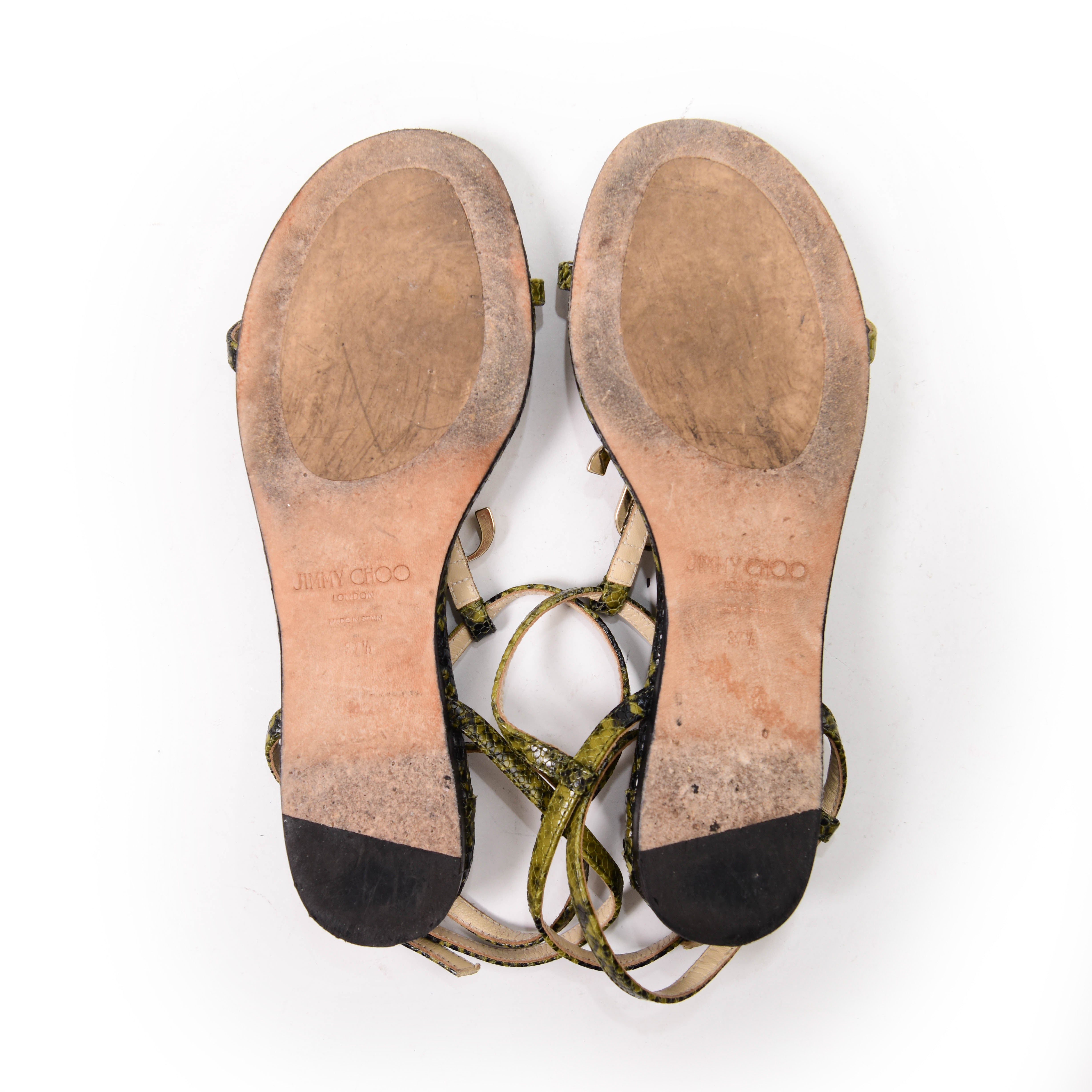 Jimmy Choo Green and Black Leather Flat Sandals Size 37.5
