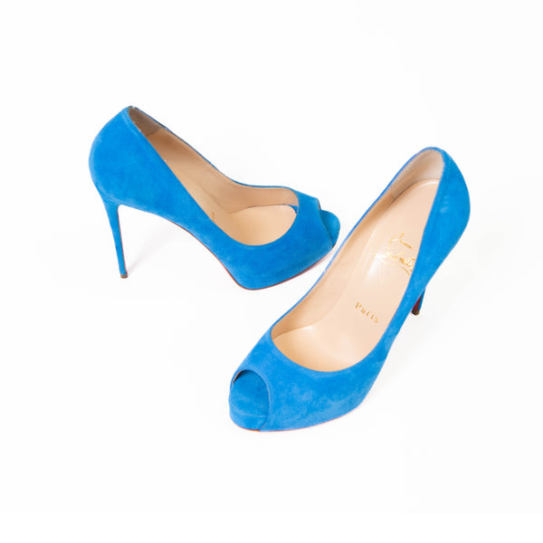 Christian Louboutin Blue Suede Very Prive Peep Toe Pumps Size 37