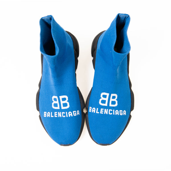 Balenciaga Blue Speed 2.0 Logo-Print Stretch-Knit Slip-On Sneakers 38