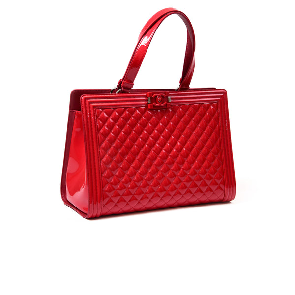 Chanel Red Patent Large Quilted Leather Business Boy Tote Bag