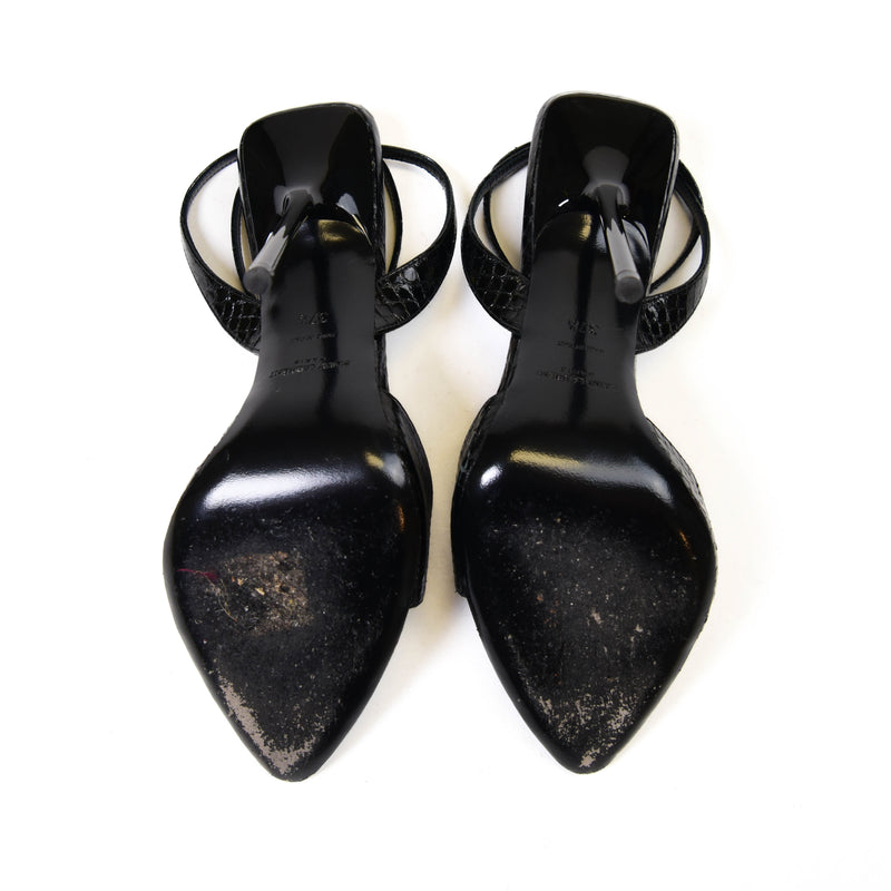 Saint Laurent  Ayers Black Snakeskin Embossed Leather Crystal Giqua 115 Size 37.5