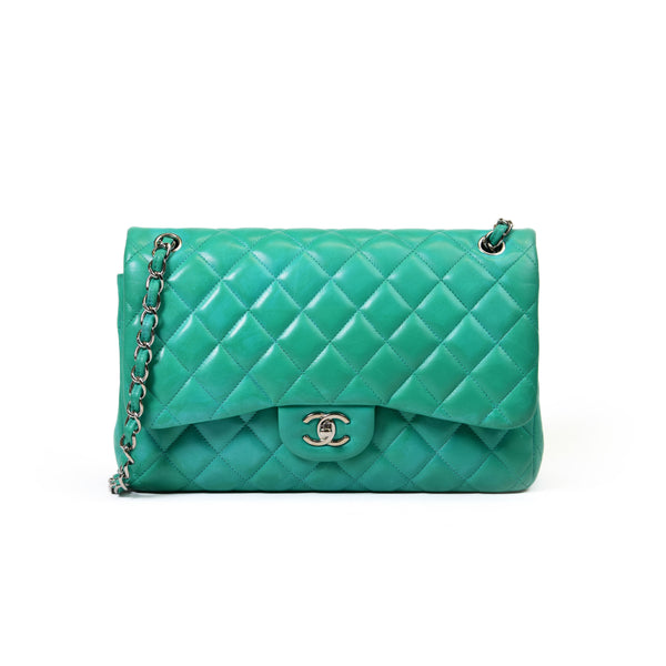 Chanel Green Quilted Lambskin Leather Jumbo Classic Double Flap SHW