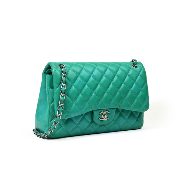 Chanel Green Quilted Lambskin Leather Jumbo Classic Double Flap SHW
