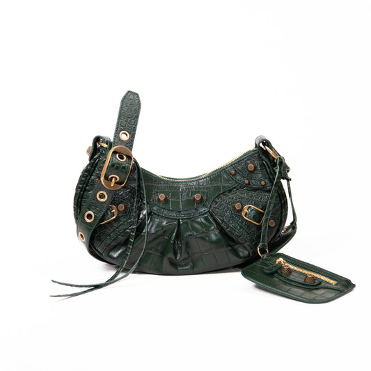 Balenciaga Forest Green Embossed Leather  Le Cagole XS Shoulder Bag