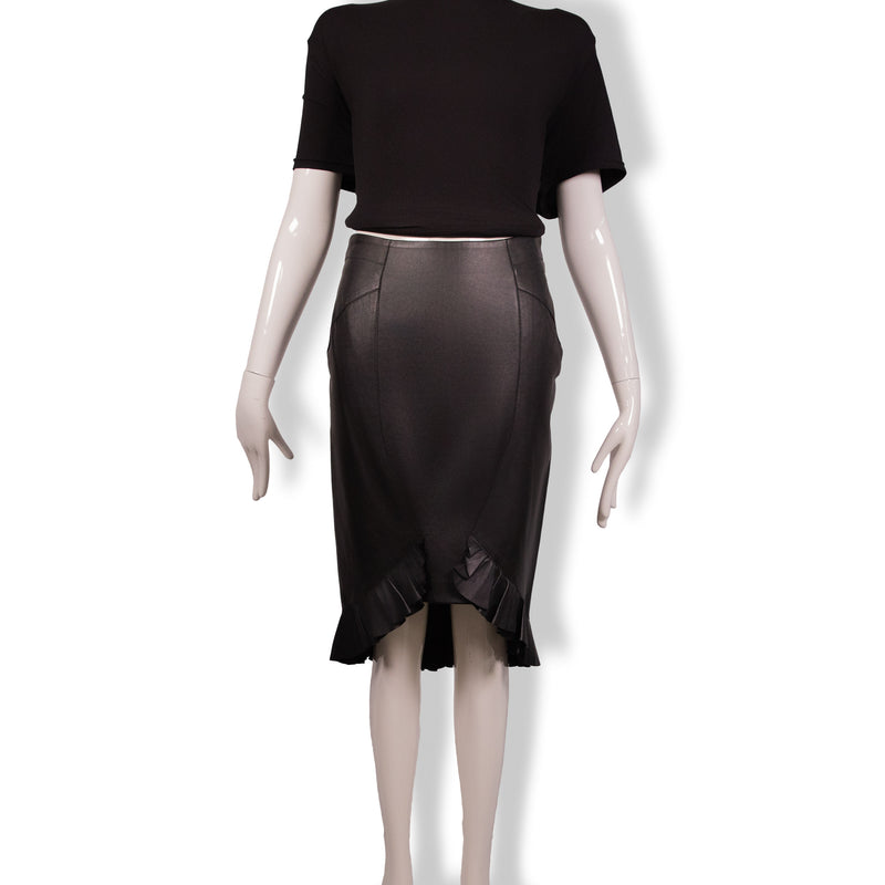 Tom Ford Black Leather Ruffle Hem Skirt Size 36