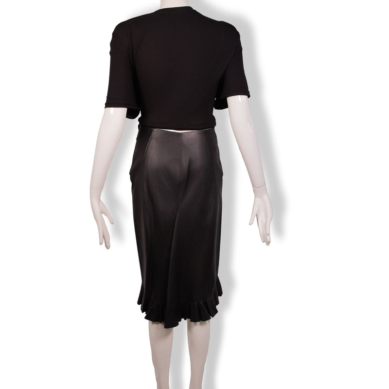 Tom Ford Black Leather Ruffle Hem Skirt Size 36