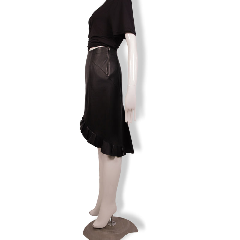 Tom Ford Black Leather Ruffle Hem Skirt Size 36
