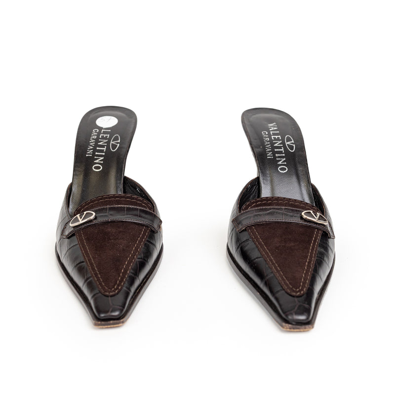 Valentino Brown Suede Croc Embossed V Logo Mules 37
