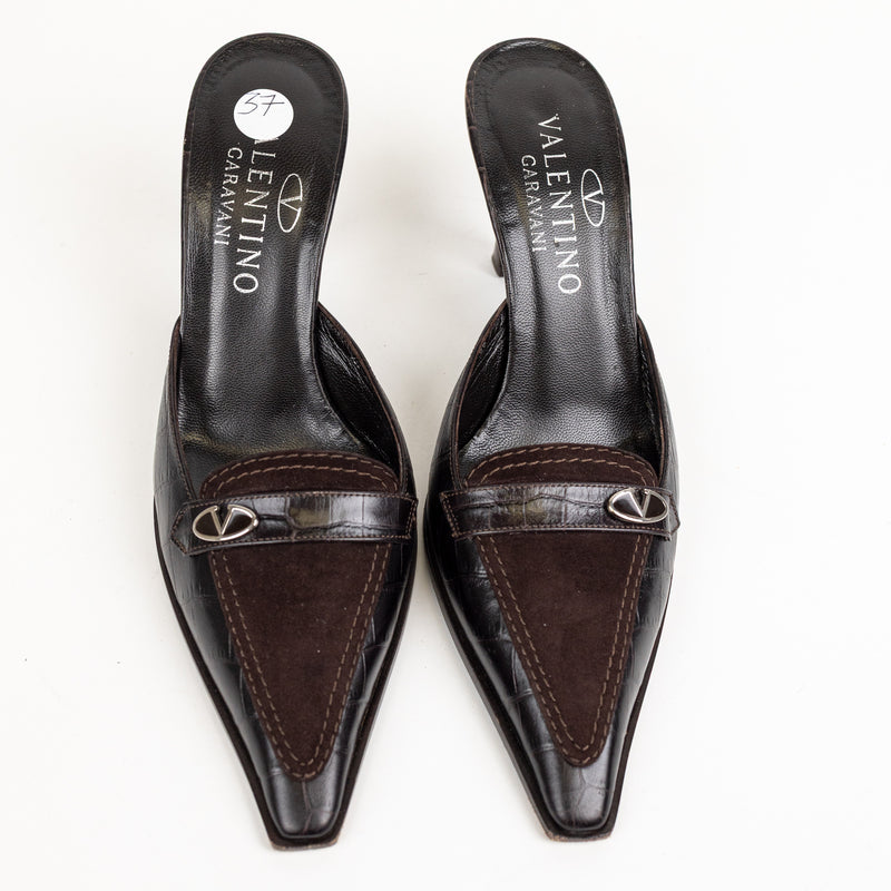 Valentino Brown Suede Croc Embossed V Logo Mules 37