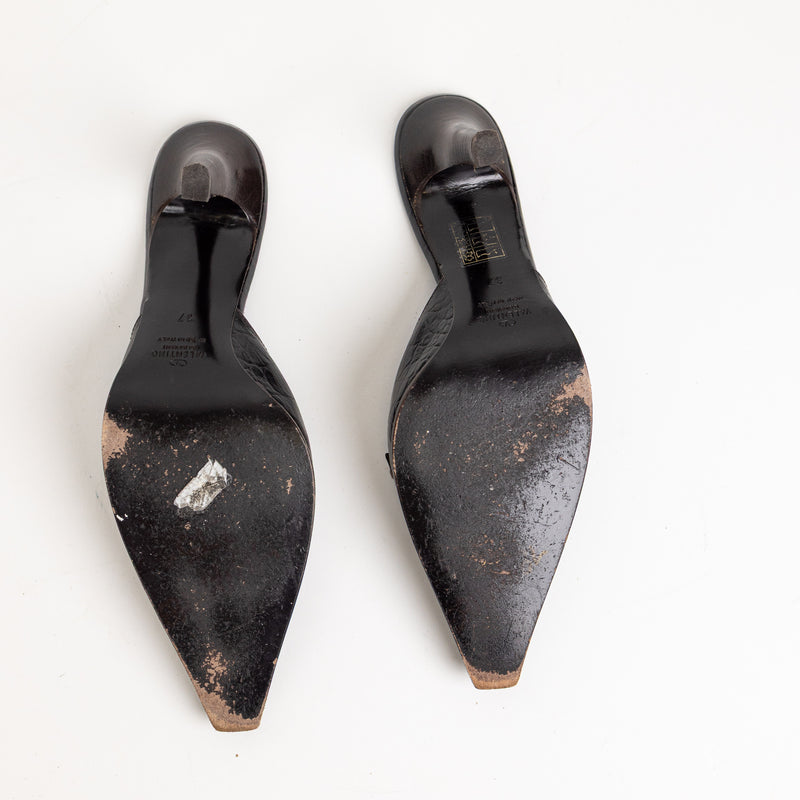 Valentino Brown Suede Croc Embossed V Logo Mules 37