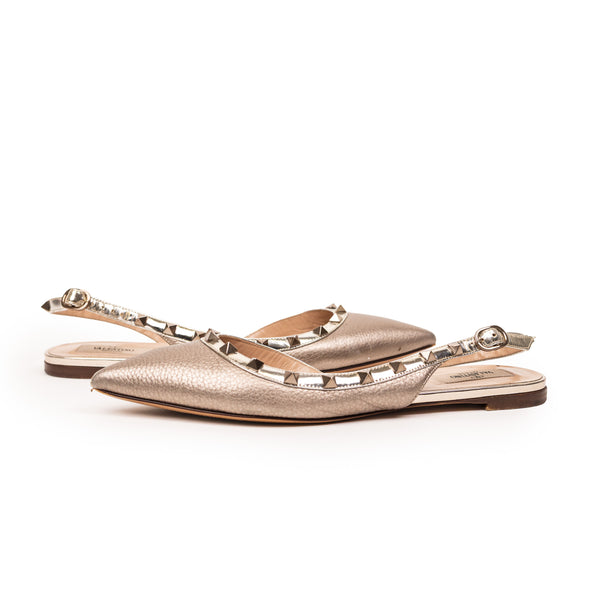 Valentino Gold Rockstud Metallic Leather Flats 39