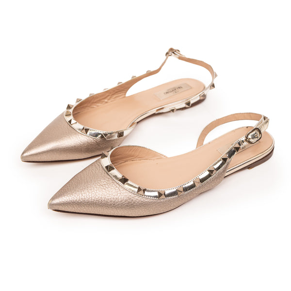 Valentino Gold Rockstud Metallic Leather Flats 39