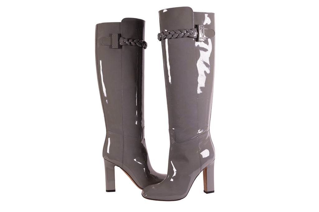 Valentino Gray Patent Leather Tall Boots with Chain Detail Size