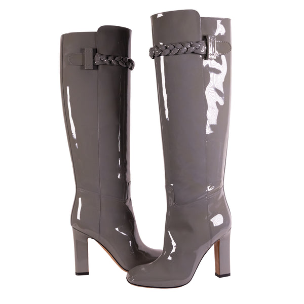 Valentino Gray Patent Leather Tall Boots with Chain Detail Size