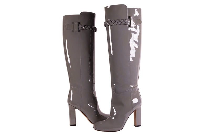 Valentino Gray Patent Leather Tall Boots with Chain Detail Size