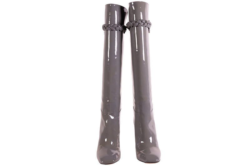 Valentino Gray Patent Leather Tall Boots with Chain Detail Size