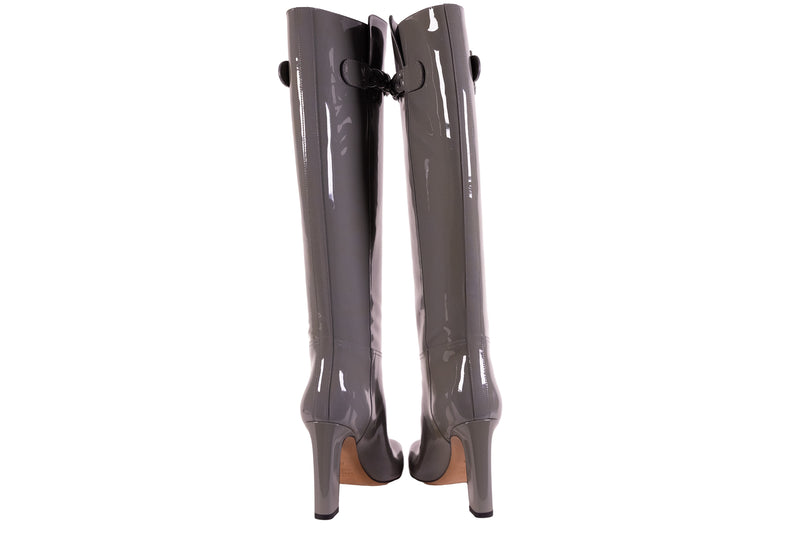Valentino Gray Patent Leather Tall Boots with Chain Detail Size