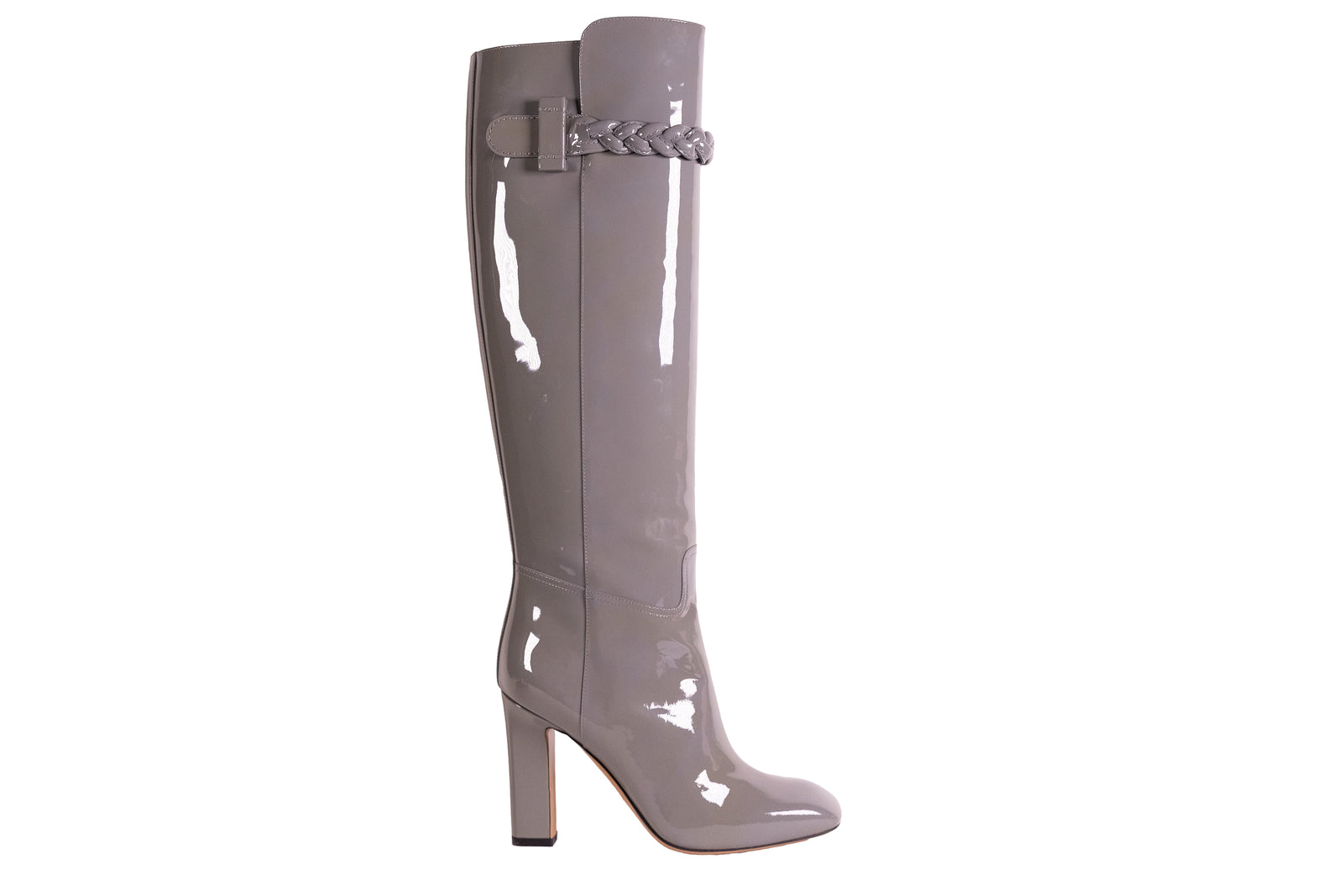 Valentino Gray Patent Leather Tall Boots with Chain Detail Size