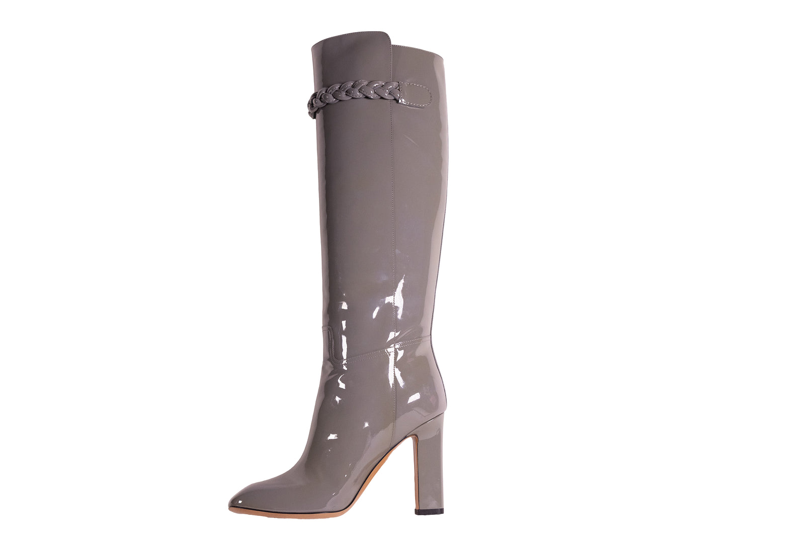 Valentino Gray Patent Leather Tall Boots with Chain Detail Size