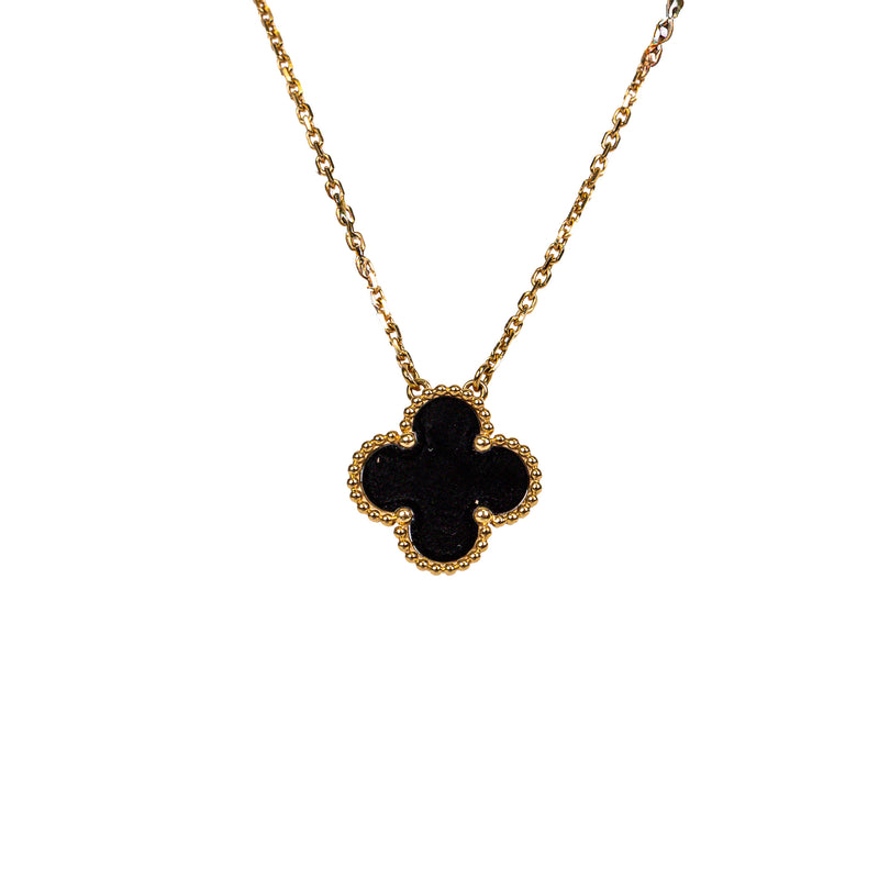 Van Cleef & Arpels Yellow Gold 18K Black Onyx Alhambra Pendant Necklace