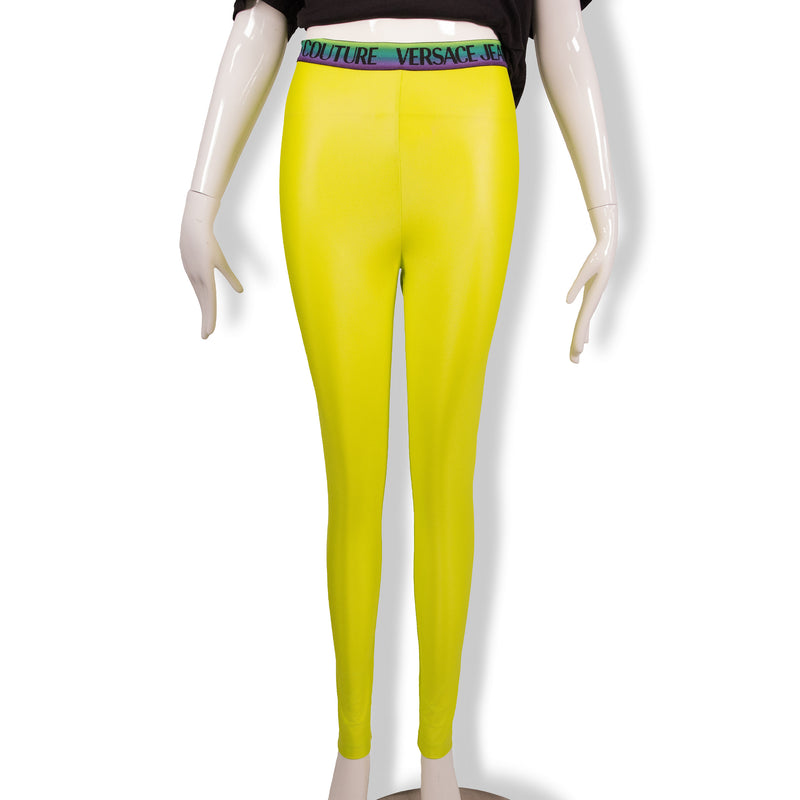 Versace Jeans Couture Neon Green Logo-Waist Leggings Size 40