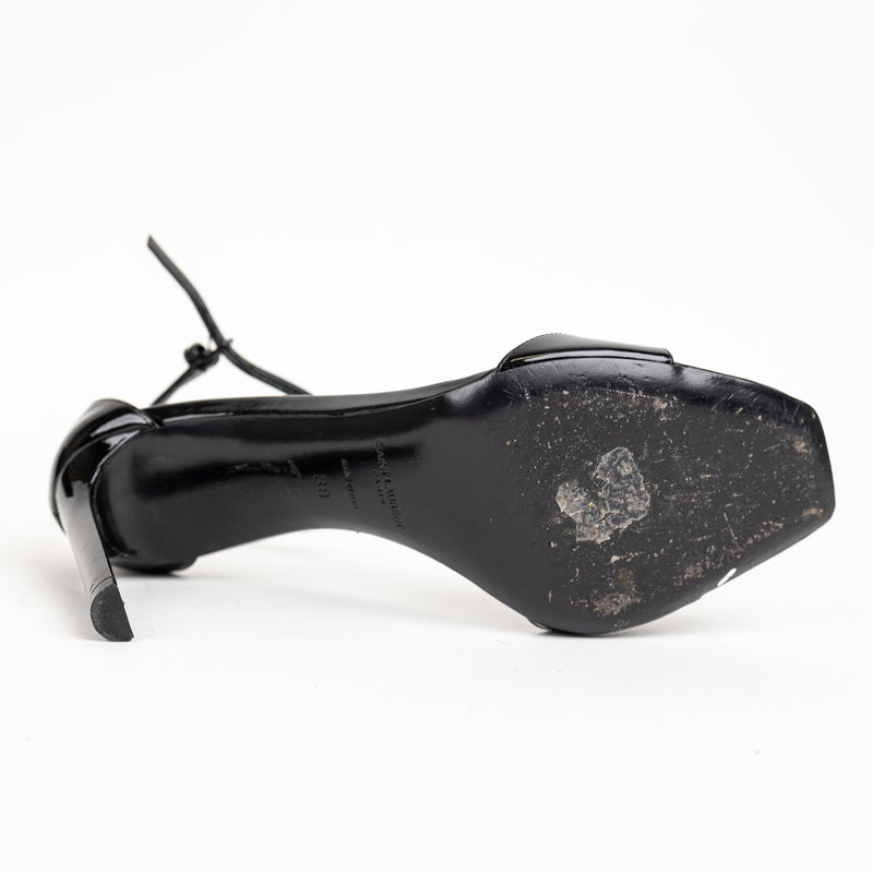 Saint Laurent Black Patent Leather Ankle Tie Heels 38