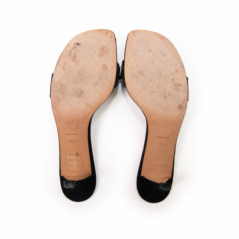 Chanel Black Satin Bow Kitten Heel Sandals Size 39.5