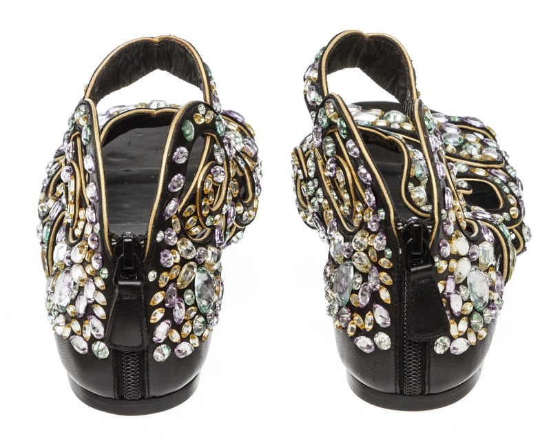 Chanel Black Leather Crystal-embellished Gladiator Sandals Size 37.5