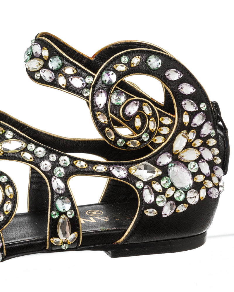 Chanel Black Leather Crystal-embellished Gladiator Sandals Size 37.5