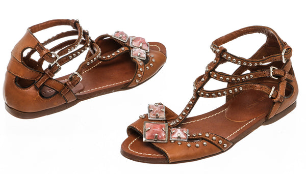 Miu Miu Brown Leather Embellished Gladiator Flat Sandals Size 35
