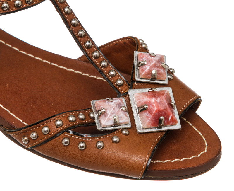 Miu Miu Brown Leather Embellished Gladiator Sandal Flats Size 35