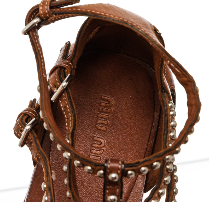 Miu Miu Brown Leather Embellished Gladiator Flat Sandals Size 35