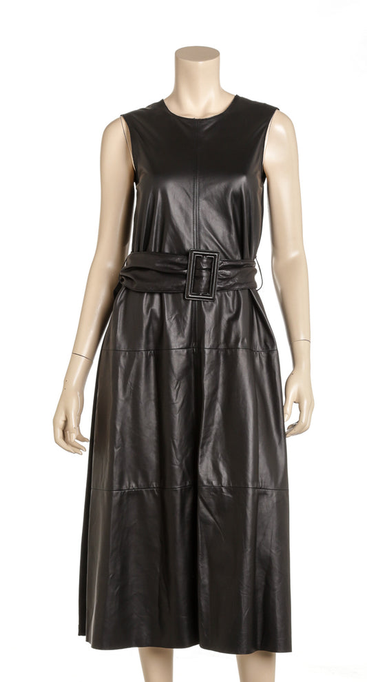 Brunello Cucinelli Black Leather Belted Sleeveless Dress Size Small