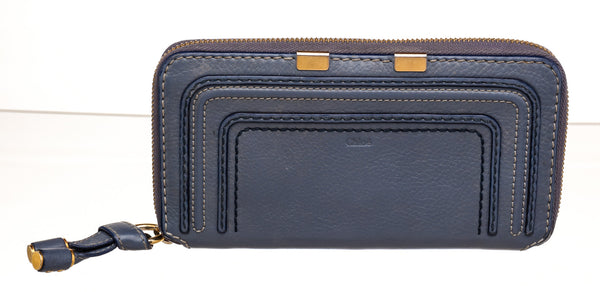 Chloe Blue Leather Top Stitching Marcie Continental Wallet
