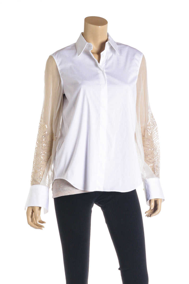 Brunello Cucinelli White Sheer Tan Sleeves Embroidered Top Size Medium