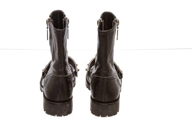 Alexander McQueen Black Leather Studded Plate Biker Boots (Size 36)