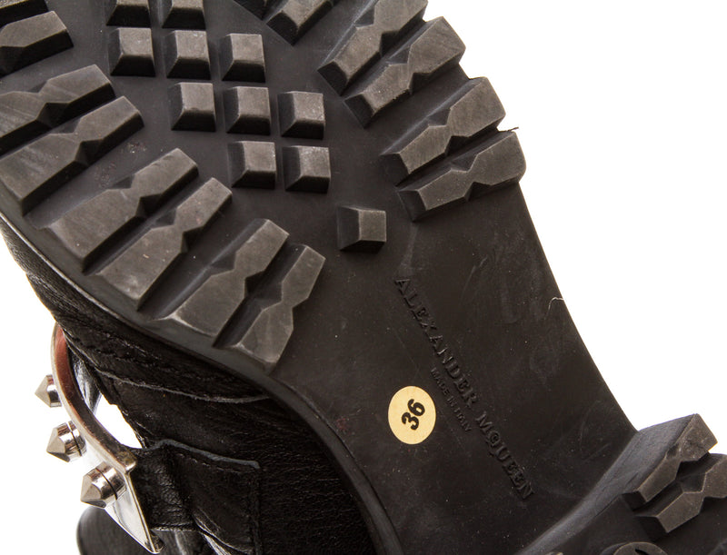 Alexander McQueen Black Leather Studded Plate Biker Boots (Size 36)