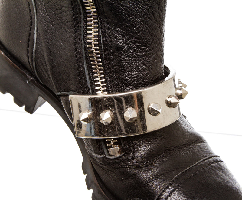 Alexander McQueen Black Leather Studded Plate Biker Boots (Size 36)
