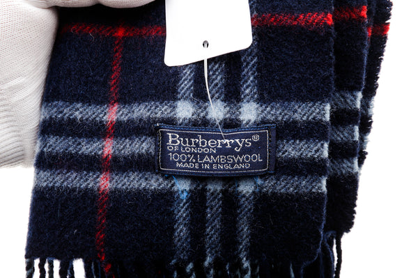 Burberry Blue Plaid Red Fringe Lambs Wool Long Scarf