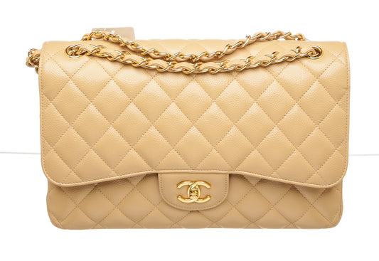 Chanel Beige Caviar Leather Double Flap Classic Bag Jumbo GHW