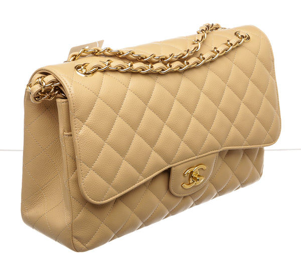 Chanel Beige Caviar Leather Double Flap Classic Bag Jumbo GHW