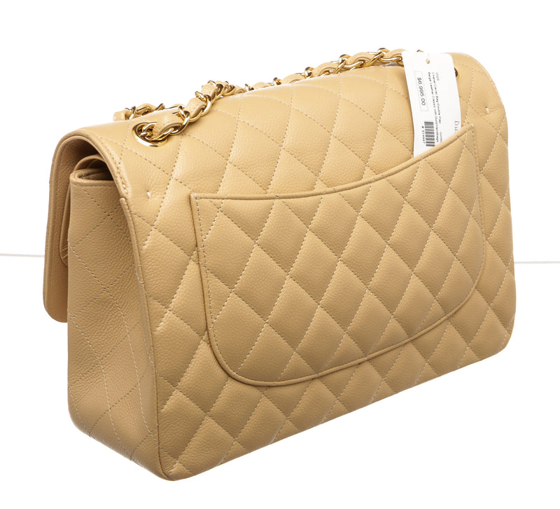 Chanel Beige Caviar Leather Double Flap Classic Bag Jumbo GHW