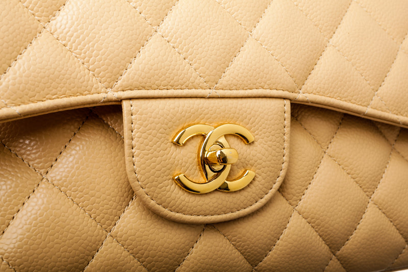 Chanel Beige Caviar Leather Double Flap Classic Bag Jumbo GHW